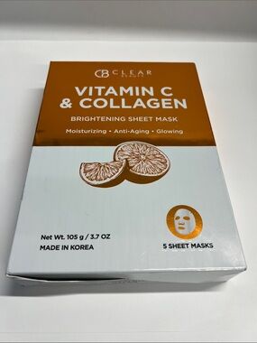 Clear Beauty Pack of 5 Vitamin C & Collagen Brightening Face Masks - New Sealed